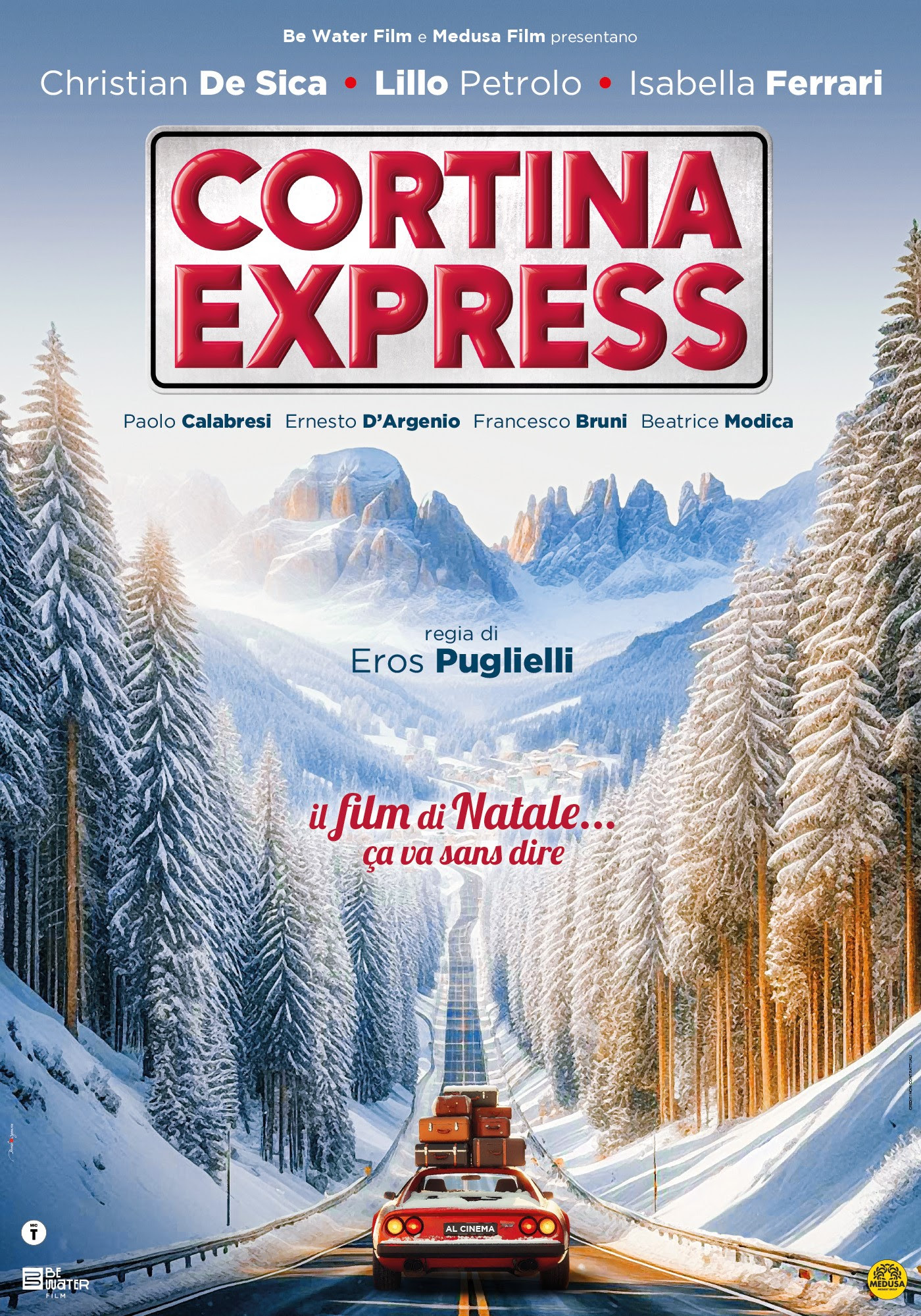 Teaser poster di Cortina Express con Christian De Sica, Lillo Petrolo e Isabella Ferrari, a Natale al cinema